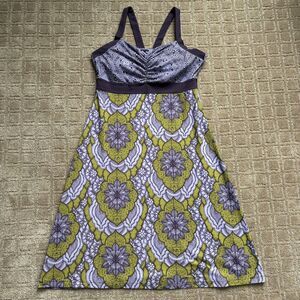 Prana Breathe Fit & Flare Tank Dress Women's M Floral Purple Stretch Hike Camp